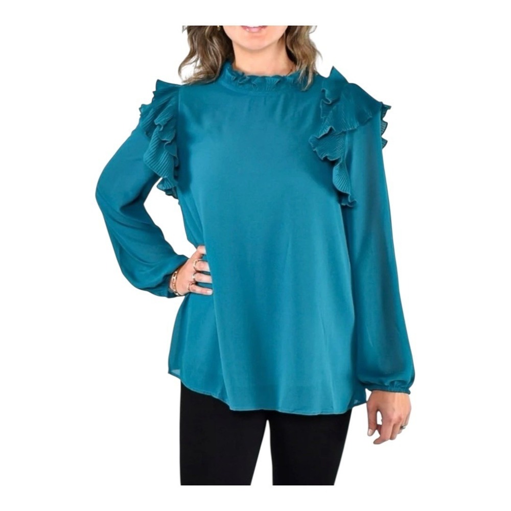 Jodifl Ruffle Blouse Women Medium Teal Pleated Shoulder Long Sleeve Mock Neck